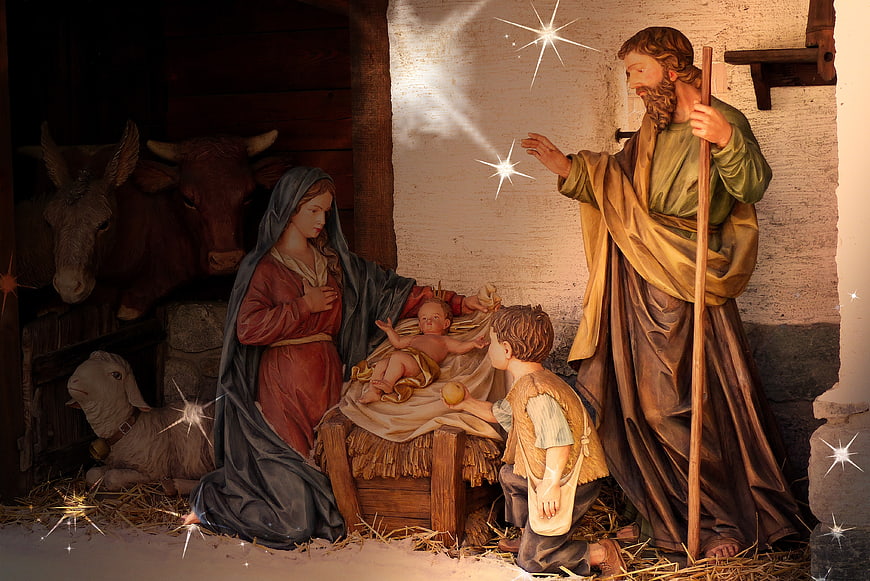 Traditional Nativity Scene With Mary, Joseph, Baby Jesus, And Shepherds