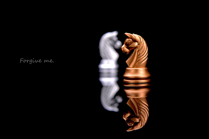 Gold and White Chess Knights Facing Each Other on Black Background