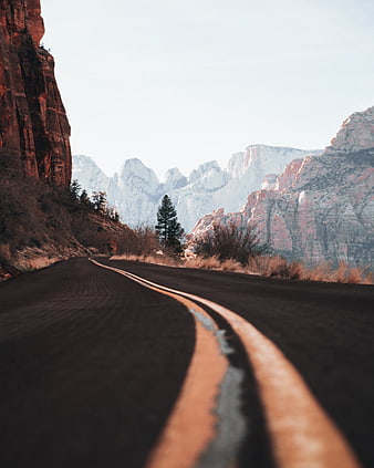 Winding asphalt road through red rock canyon landscape