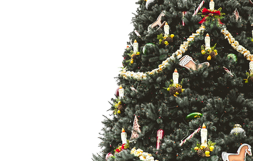 Decorated Christmas Tree with Vintage Ornaments and Copyspace