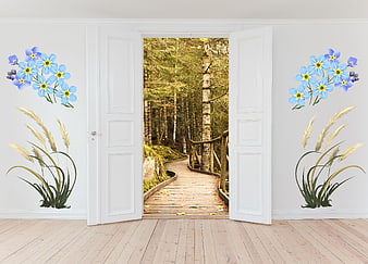 Open Door To Forest Path With Floral Wall Decals