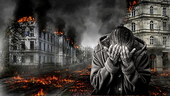 Desperate Person Amidst Burning City Destruction and War