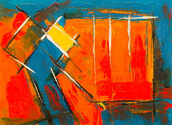 Abstract Acrylic Painting with Vibrant Orange and Blue Brushstrokes