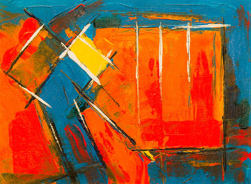 Abstract Acrylic Painting with Vibrant Orange and Blue Brushstrokes