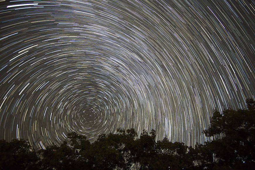 Star trails rotating around Polaris over dark forest silhouette