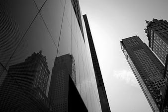 Black and White Worms Eye View of Modern Skyscrapers