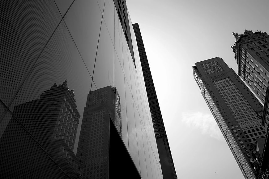Black and White Worms Eye View of Modern Skyscrapers