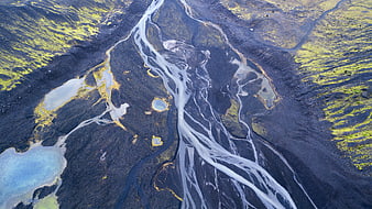 Aerial view of braided glacial river in Iceland