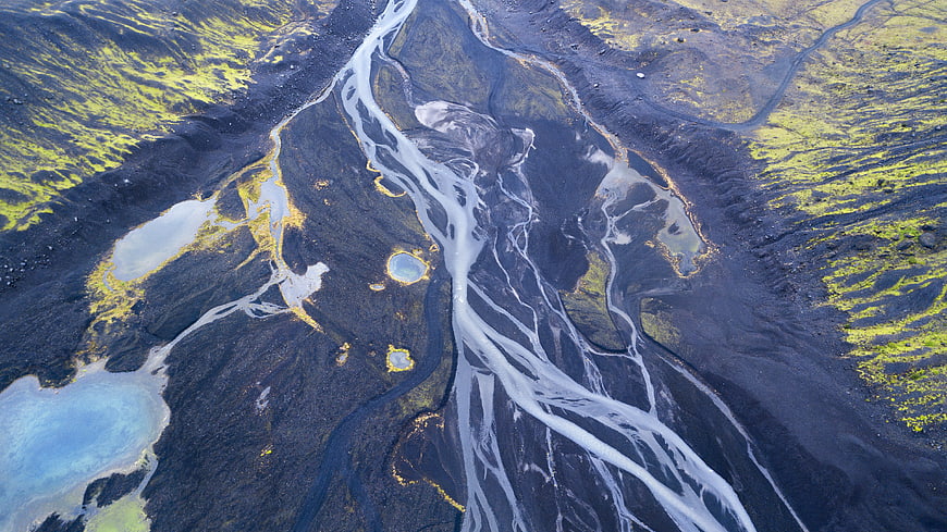 Aerial view of braided glacial river in Iceland
