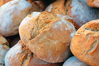 Close-up of freshly baked artisan sourdough bread loaves