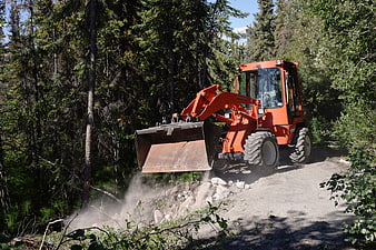 Orange Wheel Loader Moving Rocks on Forest Road