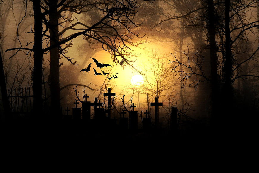 Spooky Halloween Graveyard Silhouette with Bats and Moon