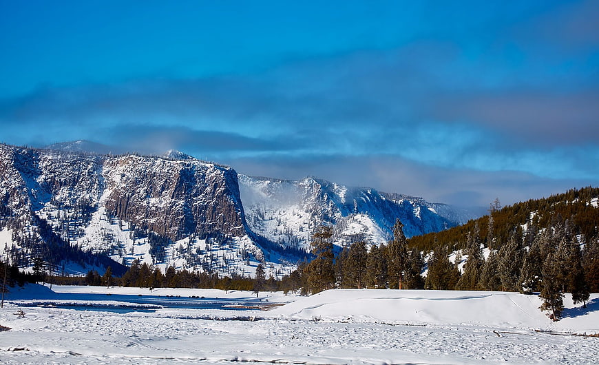 Snowy Mountain Landscape with Pine Forest and Blue Sky