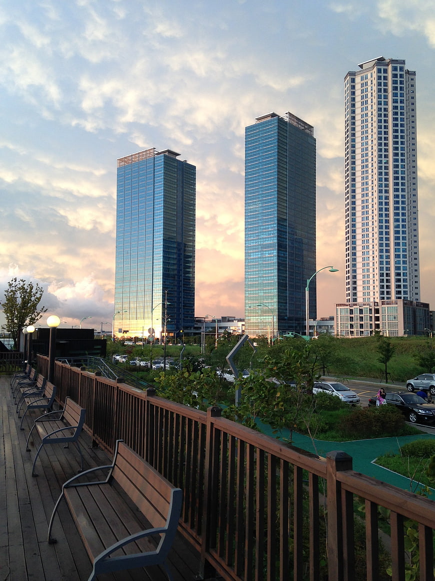 Modern High-Rise Buildings in Songdo, Incheon at Sunset