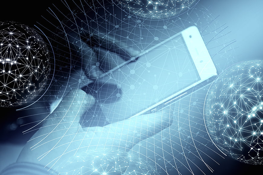 Man Using Smartphone With Digital Network Overlay