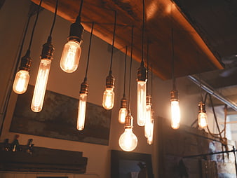 Vintage Edison Bulbs Hanging from Wooden Ceiling