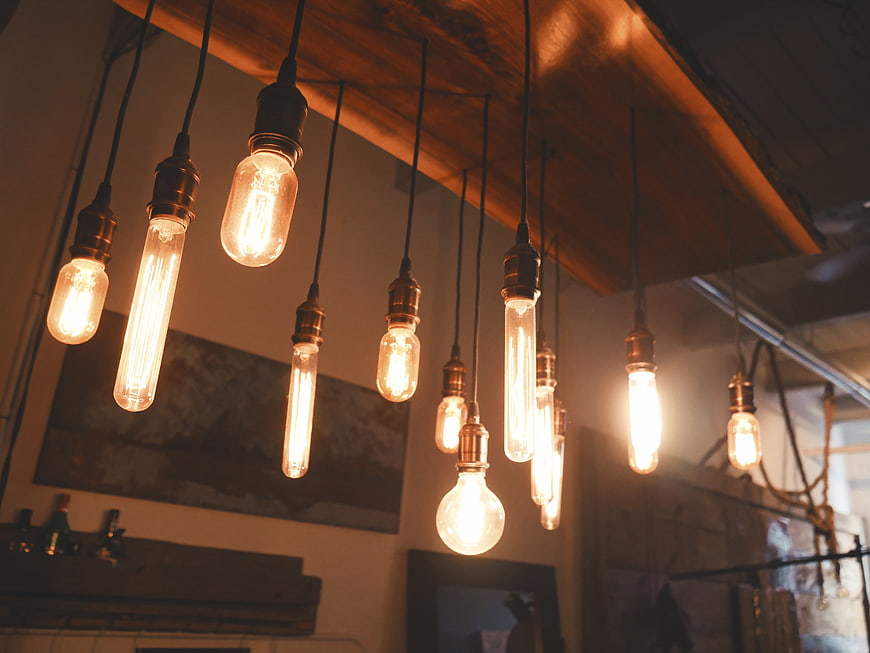 Vintage Edison Bulbs Hanging from Wooden Ceiling