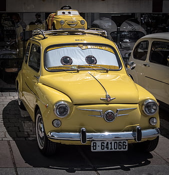 Yellow Fiat 600 with Cars Movie Eyes