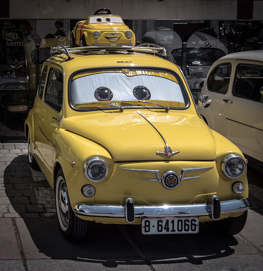 Yellow Fiat 600 with Cars Movie Eyes