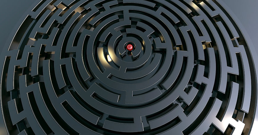 3D Rendered Circular Labyrinth With Red Center Point