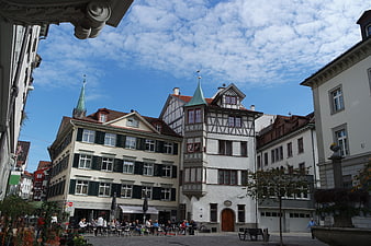 Historic half-timbered buildings in St. Gallen square