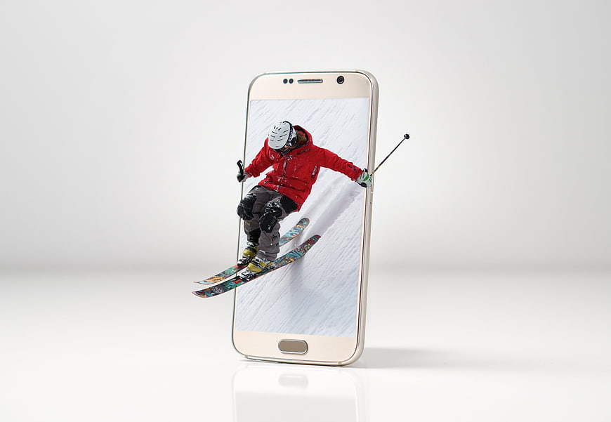 3D skier jumping out of smartphone screen