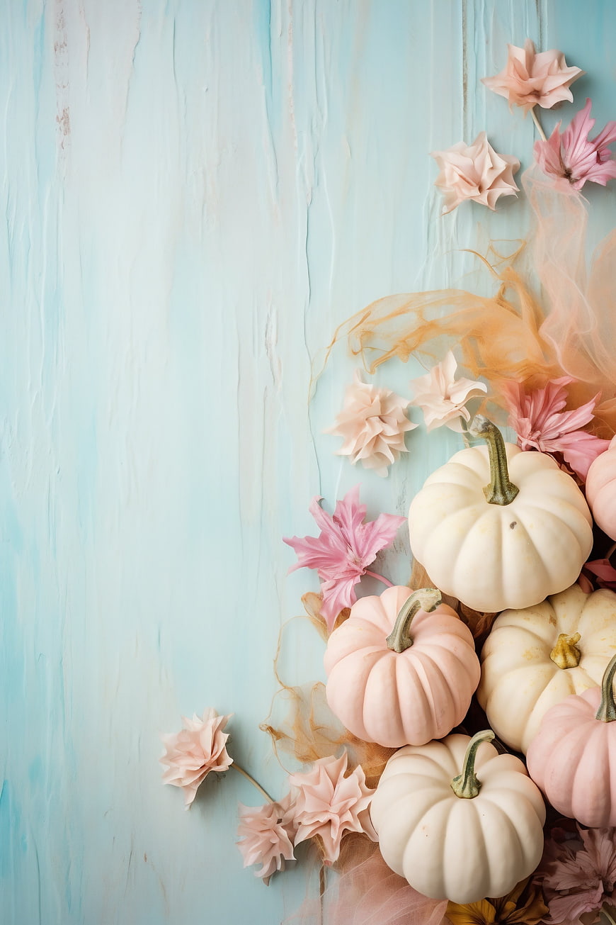 Pastel pumpkins and flowers on blue wood background