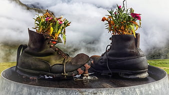 Upcycled Hiking Boots as Flower Planters on Metal Drum