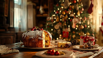 Festive Bundt Cake on Wooden Table with Christmas Tree Background