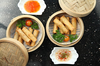 Asian Spring Rolls in Bamboo Steamers with Dipping Sauces