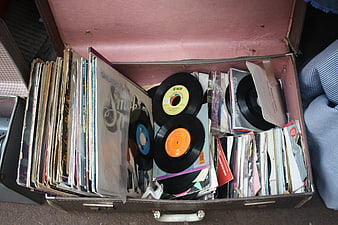 Vintage Vinyl Records In Open Suitcase