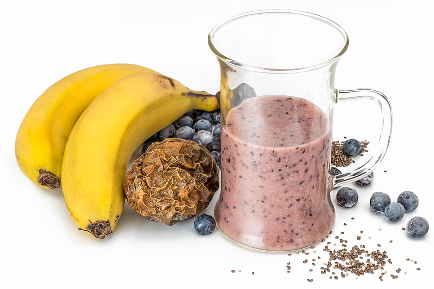 Healthy fruit smoothie with bananas, blueberries, and chia seeds