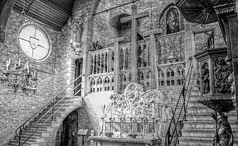 Interior of Gothic Church in Bruges with Altar and Crosses