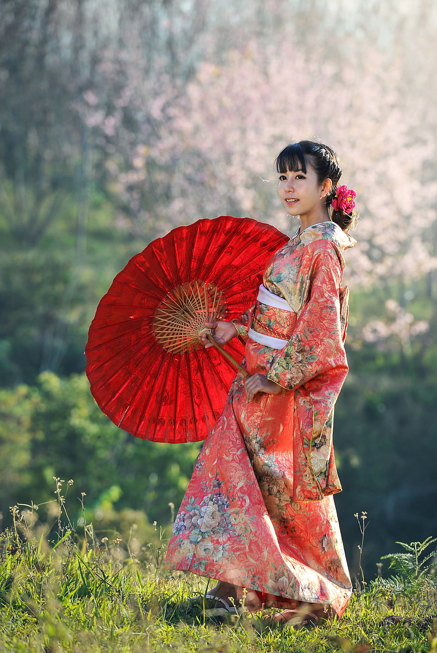 Woman in Kimono with Red Umbrella in Cherry Blossom Garden