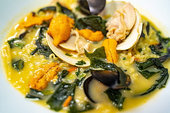 Close-up of Seafood Ramen with Sea Urchin and Clams
