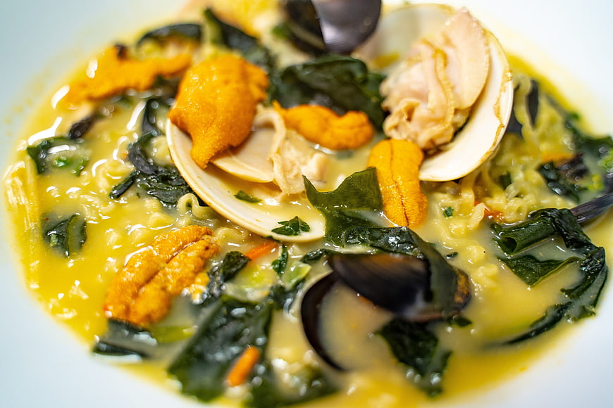 Close-up of Seafood Ramen with Sea Urchin and Clams