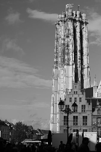 Black and white photo of Bruges Belfry tower architecture