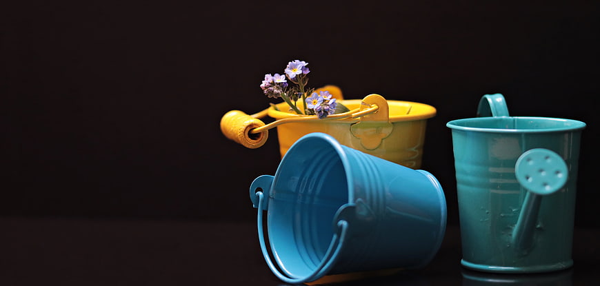 Colorful Miniature Gardening Tools with Purple Flowers
