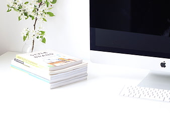 Minimalist white office desk with books, computer, and flowers