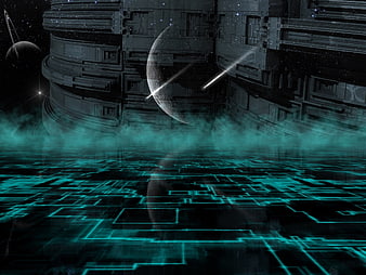 Futuristic Space Station with Glowing Digital Floor and Planets