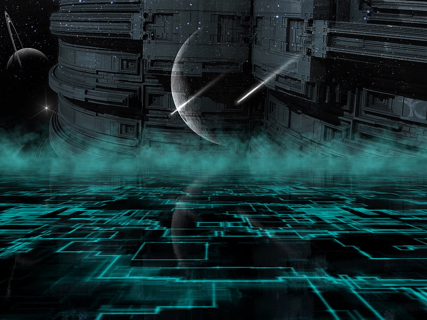 Futuristic Space Station with Glowing Digital Floor and Planets