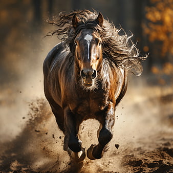 Brown Horse Galloping Through Dusty Field