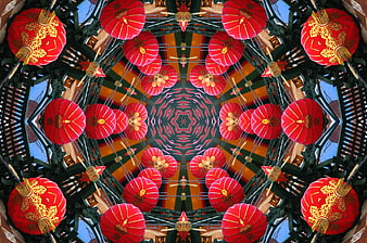 Kaleidoscope Pattern of Red Chinese Lanterns