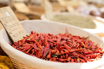 Dried Red Chili Peppers in Market Basket