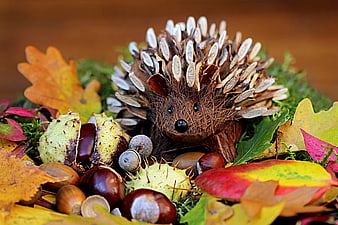 Handmade Pinecone Hedgehog Autumn Decoration with Leaves and Nuts