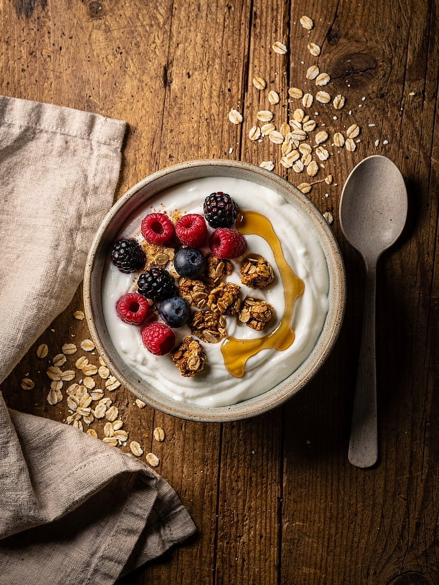 Overhead view of yogurt bowl with berries and granola