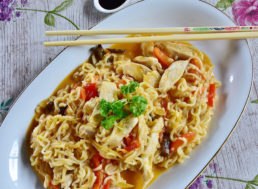 Asian Chicken Noodle Stir-Fry With Vegetables And Sauce