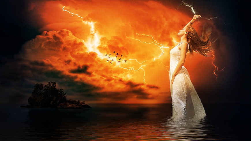 Dramatic Woman in White Dress Reaching for Lightning in Stormy Ocean