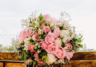 Pink Rose Wedding Bouquet With Alstroemeria And Baby's Breath