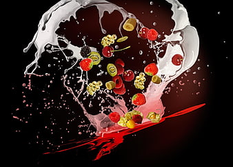 Dynamic Splash of Mixed Berries and Milk on Black Background